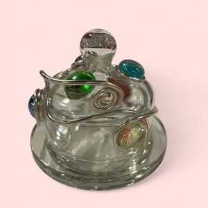 Adorable Vintage beaded wire clear jam honey spice serving jar with lid